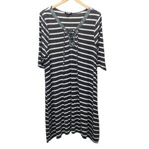 Striped Dress Women 2X Lace Up Front Gray White V Neck Relaxx by Exist Stretch